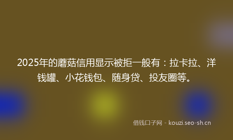 2025年的蘑菇信用显示被拒一般有：拉卡拉、洋钱罐、小花钱包、随身贷、投友圈等。