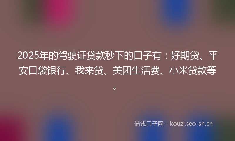 2025年的驾驶证贷款秒下的口子有：好期贷、平安口袋银行、我来贷、美团生活费、小米贷款等。