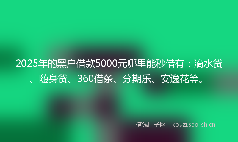 2025年的黑户借款5000元哪里能秒借有：滴水贷、随身贷、360借条、分期乐、安逸花等。