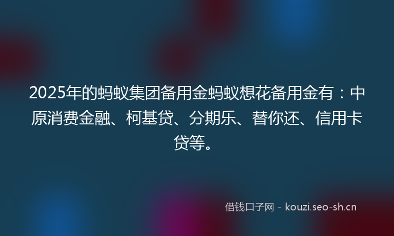 2025年的蚂蚁集团备用金蚂蚁想花备用金有：中原消费金融、柯基贷、分期乐、替你还、信用卡贷等。