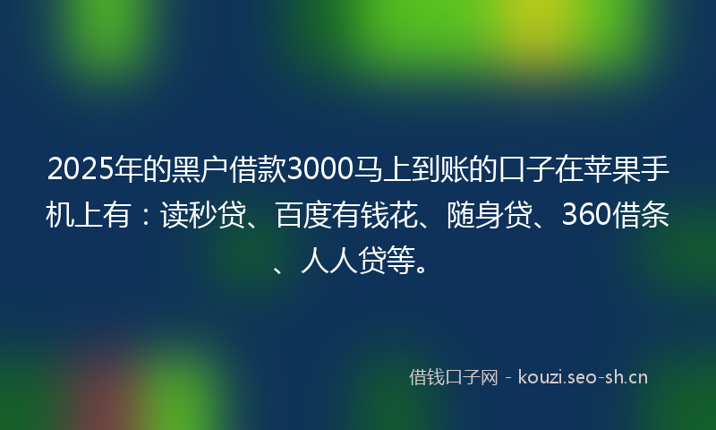 2025年的黑户借款3000马上到账的口子在苹果手机上有：读秒贷、百度有钱花、随身贷、360借条、人人贷等。