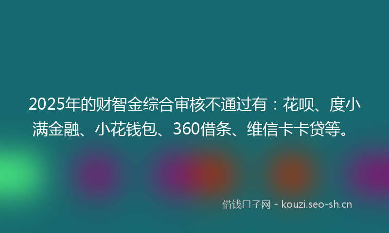 2025年的财智金综合审核不通过有：花呗、度小满金融、小花钱包、360借条、维信卡卡贷等。