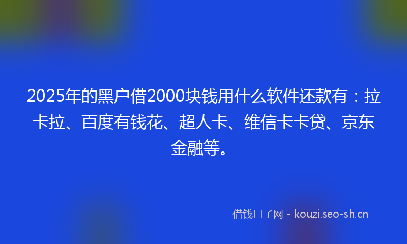 2025年的黑户借2000块钱用什么软件还款有：拉卡拉、百度有钱花、超人卡、维信卡卡贷、京东金融等。