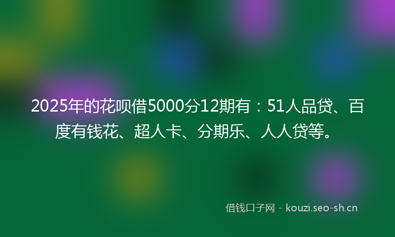 2025年的花呗借5000分12期有：51人品贷、百度有钱花、超人卡、分期乐、人人贷等。