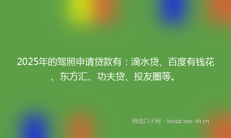 2025年的驾照申请贷款有：滴水贷、百度有钱花、东方汇、功夫贷、投友圈等。