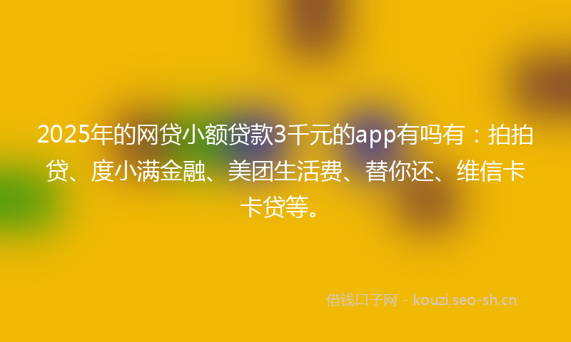 2025年的网贷小额贷款3千元的app有吗有：拍拍贷、度小满金融、美团生活费、替你还、维信卡卡贷等。
