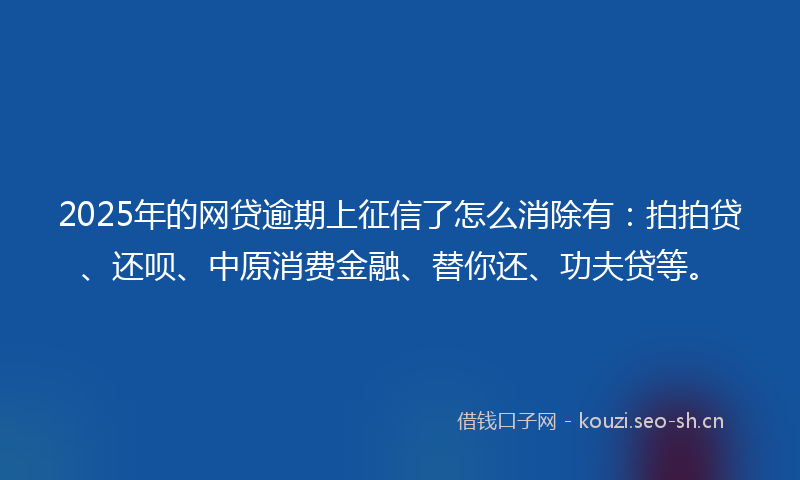 2025年的网贷逾期上征信了怎么消除有：拍拍贷、还呗、中原消费金融、替你还、功夫贷等。