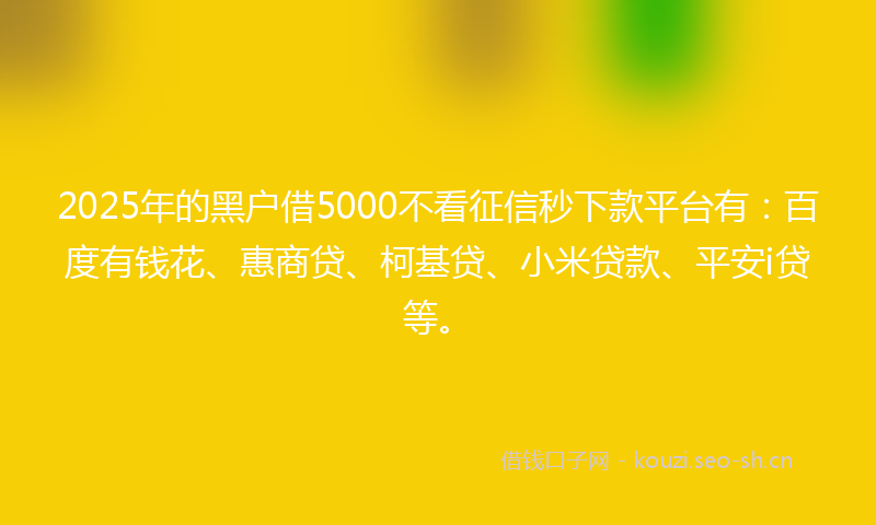 2025年的黑户借5000不看征信秒下款平台有：百度有钱花、惠商贷、柯基贷、小米贷款、平安i贷等。