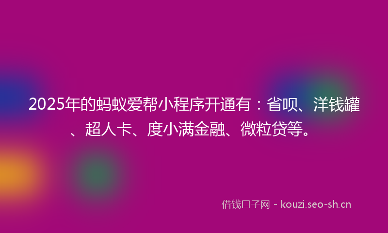 2025年的蚂蚁爱帮小程序开通有：省呗、洋钱罐、超人卡、度小满金融、微粒贷等。