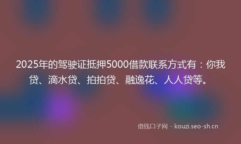 2025年的驾驶证抵押5000借款联系方式有：你我贷、滴水贷、拍拍贷、融逸花、人人贷等。