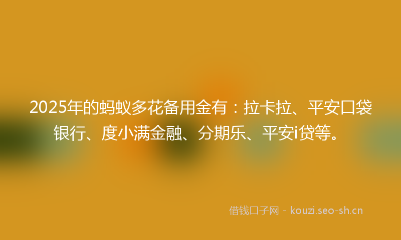 2025年的蚂蚁多花备用金有：拉卡拉、平安口袋银行、度小满金融、分期乐、平安i贷等。