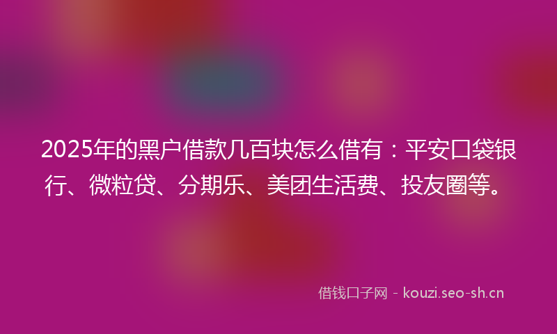 2025年的黑户借款几百块怎么借有：平安口袋银行、微粒贷、分期乐、美团生活费、投友圈等。