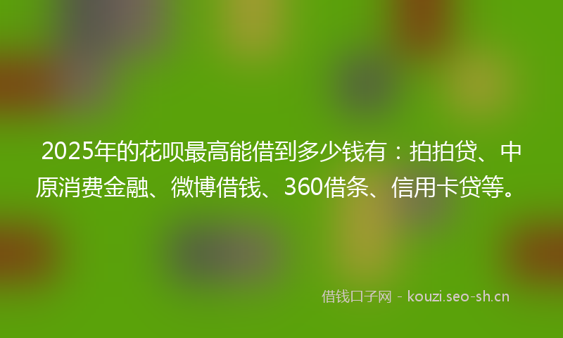 2025年的花呗最高能借到多少钱有：拍拍贷、中原消费金融、微博借钱、360借条、信用卡贷等。