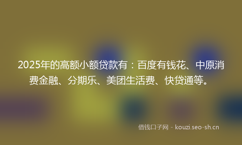 2025年的高额小额贷款有：百度有钱花、中原消费金融、分期乐、美团生活费、快贷通等。