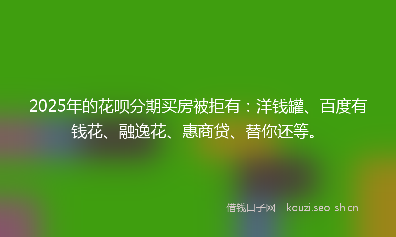 2025年的花呗分期买房被拒有：洋钱罐、百度有钱花、融逸花、惠商贷、替你还等。
