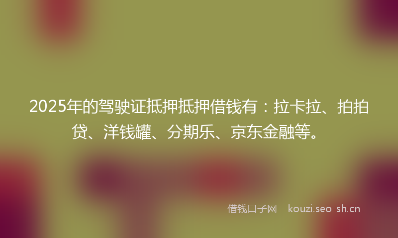 2025年的驾驶证抵押抵押借钱有：拉卡拉、拍拍贷、洋钱罐、分期乐、京东金融等。
