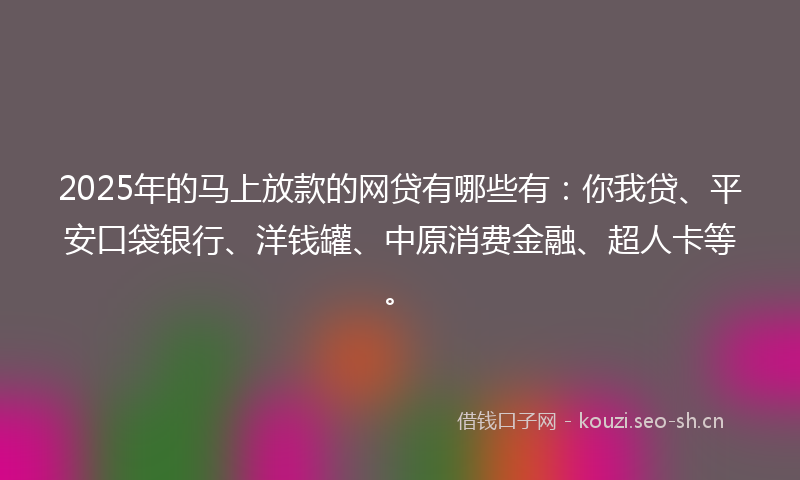 2025年的马上放款的网贷有哪些有：你我贷、平安口袋银行、洋钱罐、中原消费金融、超人卡等。