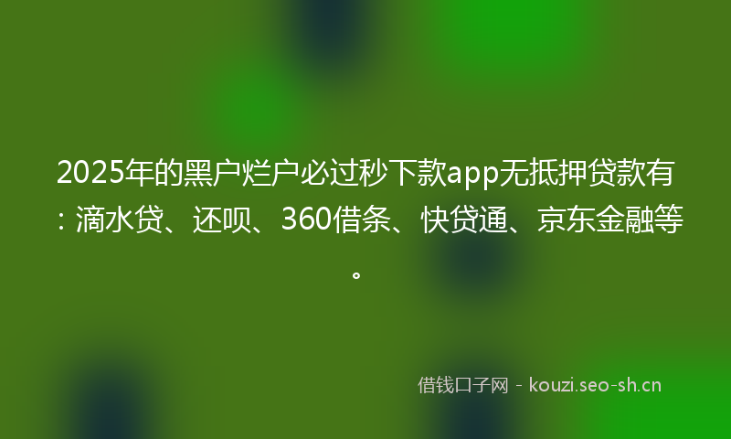 2025年的黑户烂户必过秒下款app无抵押贷款有：滴水贷、还呗、360借条、快贷通、京东金融等。