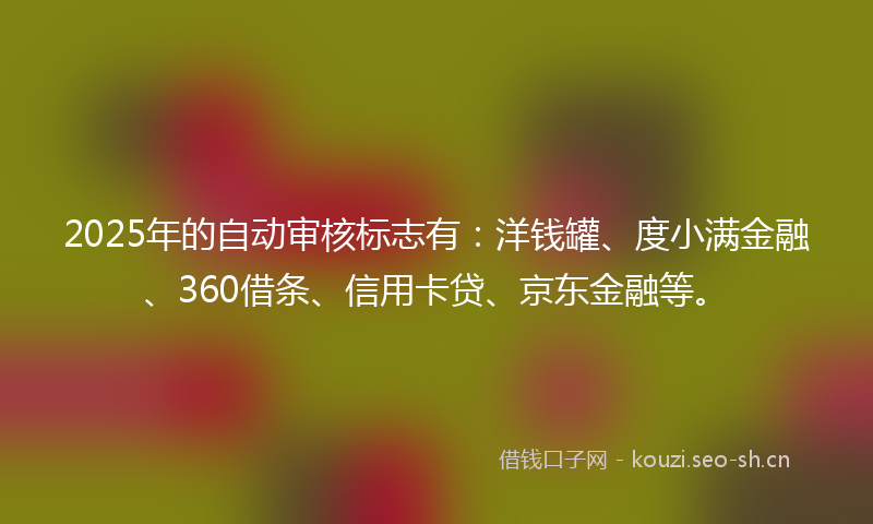 2025年的自动审核标志有：洋钱罐、度小满金融、360借条、信用卡贷、京东金融等。