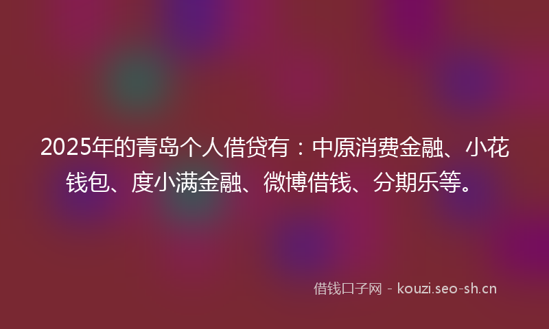 2025年的青岛个人借贷有：中原消费金融、小花钱包、度小满金融、微博借钱、分期乐等。