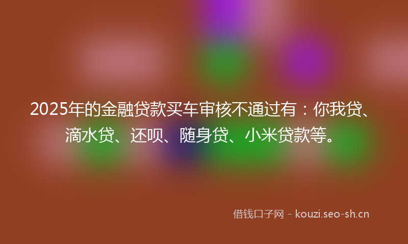 2025年的金融贷款买车审核不通过有：你我贷、滴水贷、还呗、随身贷、小米贷款等。