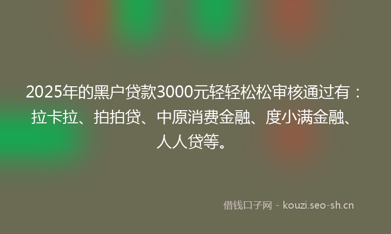 2025年的黑户贷款3000元轻轻松松审核通过有：拉卡拉、拍拍贷、中原消费金融、度小满金融、人人贷等。