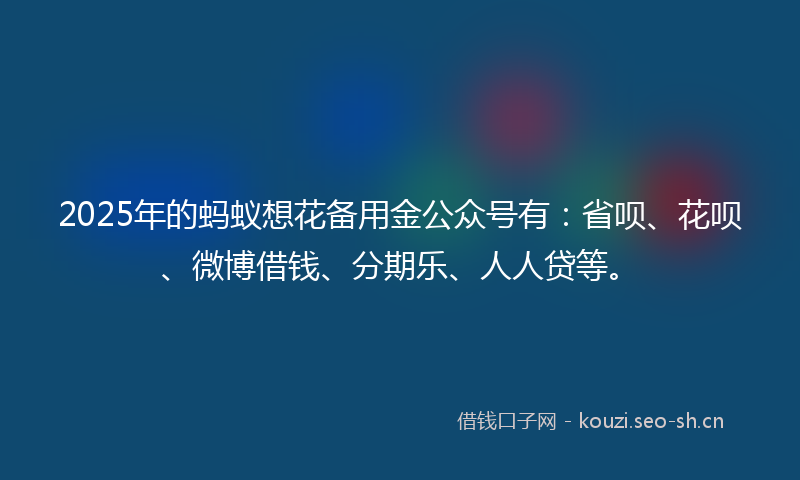 2025年的蚂蚁想花备用金公众号有：省呗、花呗、微博借钱、分期乐、人人贷等。