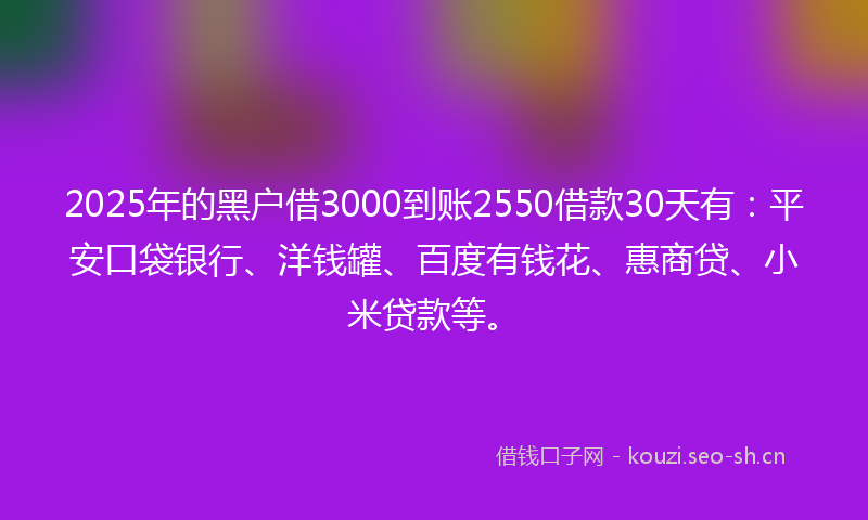 2025年的黑户借3000到账2550借款30天有：平安口袋银行、洋钱罐、百度有钱花、惠商贷、小米贷款等。