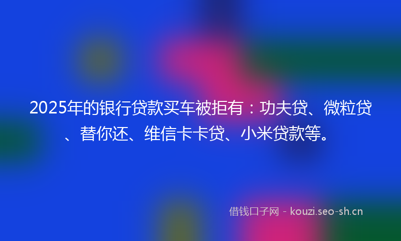 2025年的银行贷款买车被拒有：功夫贷、微粒贷、替你还、维信卡卡贷、小米贷款等。