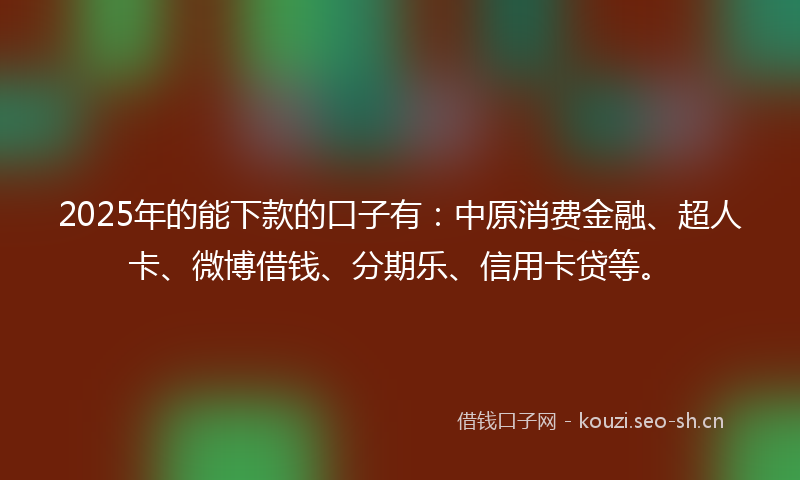 2025年的能下款的口子有：中原消费金融、超人卡、微博借钱、分期乐、信用卡贷等。