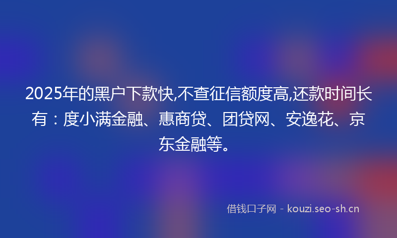 2025年的黑户下款快,不查征信额度高,还款时间长有：度小满金融、惠商贷、团贷网、安逸花、京东金融等。
