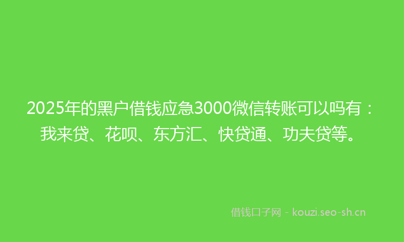 2025年的黑户借钱应急3000微信转账可以吗有：我来贷、花呗、东方汇、快贷通、功夫贷等。