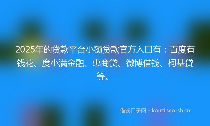2025年的贷款平台小额贷款官方入口有：百度有钱花、度小满金融、惠商贷、微博借钱、柯基贷等。