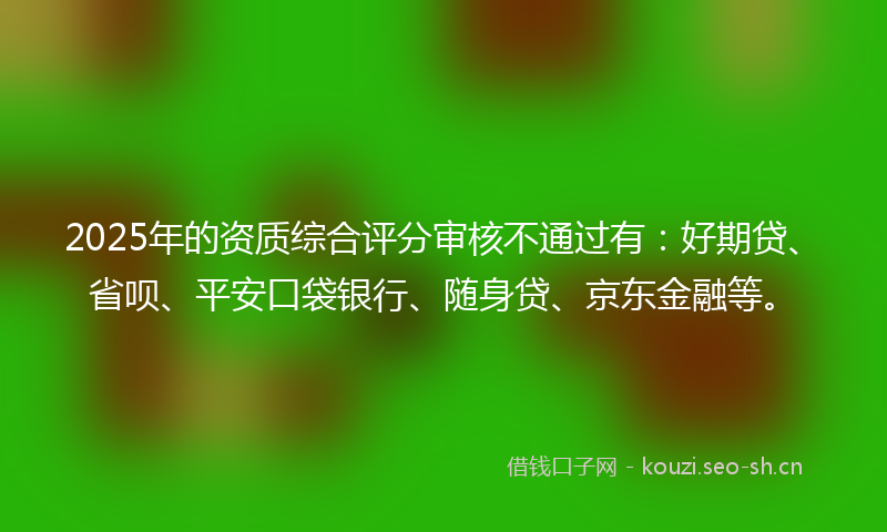 2025年的资质综合评分审核不通过有：好期贷、省呗、平安口袋银行、随身贷、京东金融等。