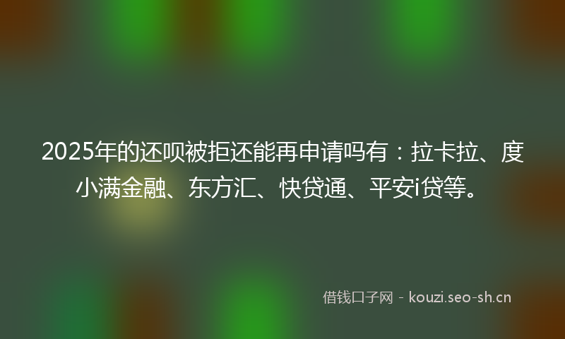 2025年的还呗被拒还能再申请吗有：拉卡拉、度小满金融、东方汇、快贷通、平安i贷等。