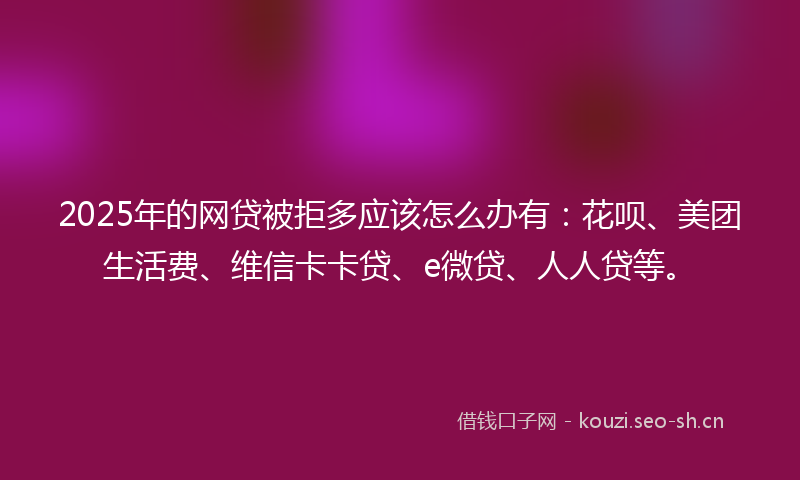 2025年的网贷被拒多应该怎么办有：花呗、美团生活费、维信卡卡贷、e微贷、人人贷等。