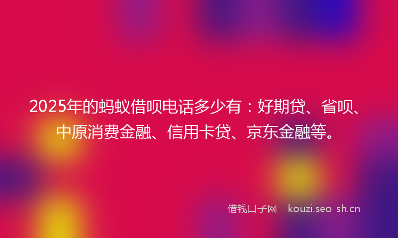 2025年的蚂蚁借呗电话多少有：好期贷、省呗、中原消费金融、信用卡贷、京东金融等。