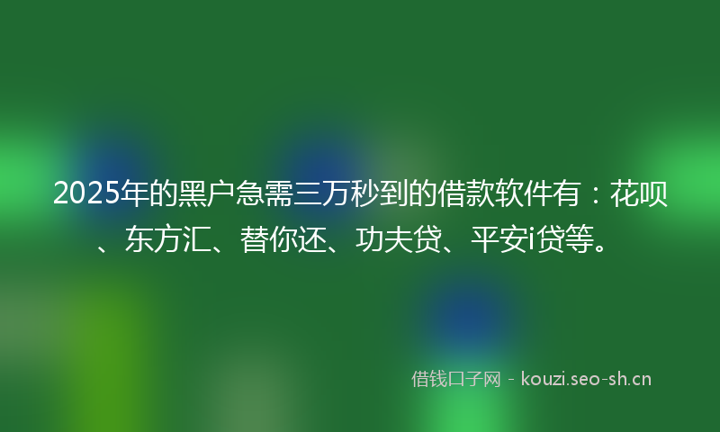 2025年的黑户急需三万秒到的借款软件有：花呗、东方汇、替你还、功夫贷、平安i贷等。