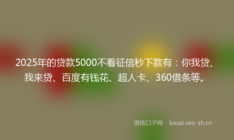 2025年的贷款5000不看征信秒下款有：你我贷、我来贷、百度有钱花、超人卡、360借条等。