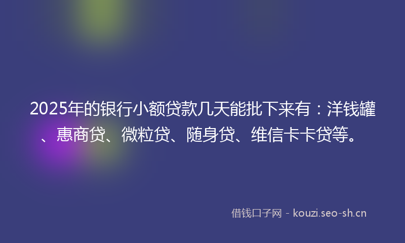 2025年的银行小额贷款几天能批下来有：洋钱罐、惠商贷、微粒贷、随身贷、维信卡卡贷等。