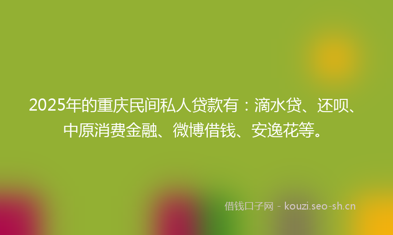 2025年的重庆民间私人贷款有：滴水贷、还呗、中原消费金融、微博借钱、安逸花等。