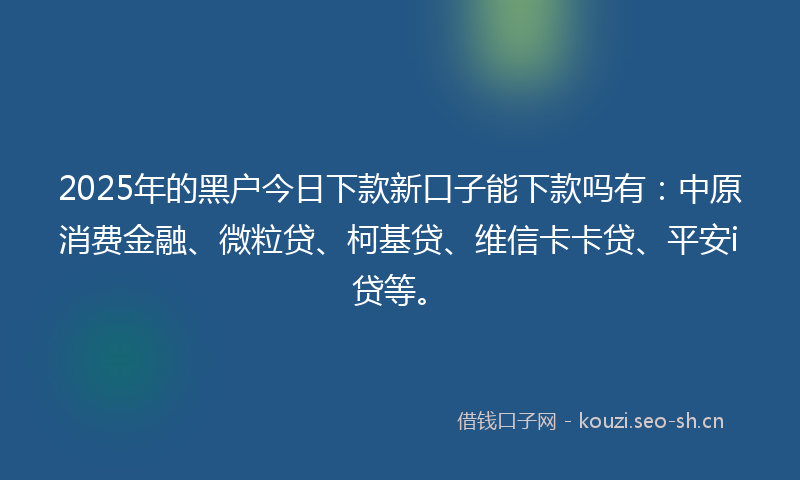 2025年的黑户今日下款新口子能下款吗有：中原消费金融、微粒贷、柯基贷、维信卡卡贷、平安i贷等。