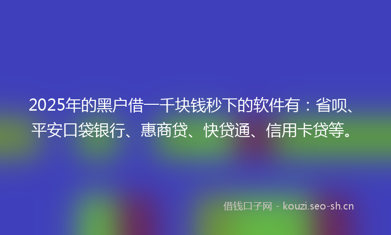 2025年的黑户借一千块钱秒下的软件有：省呗、平安口袋银行、惠商贷、快贷通、信用卡贷等。