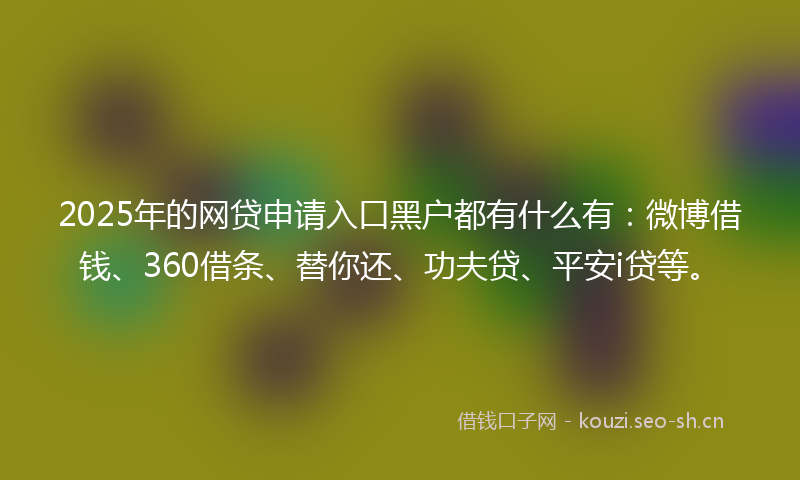 2025年的网贷申请入口黑户都有什么有：微博借钱、360借条、替你还、功夫贷、平安i贷等。