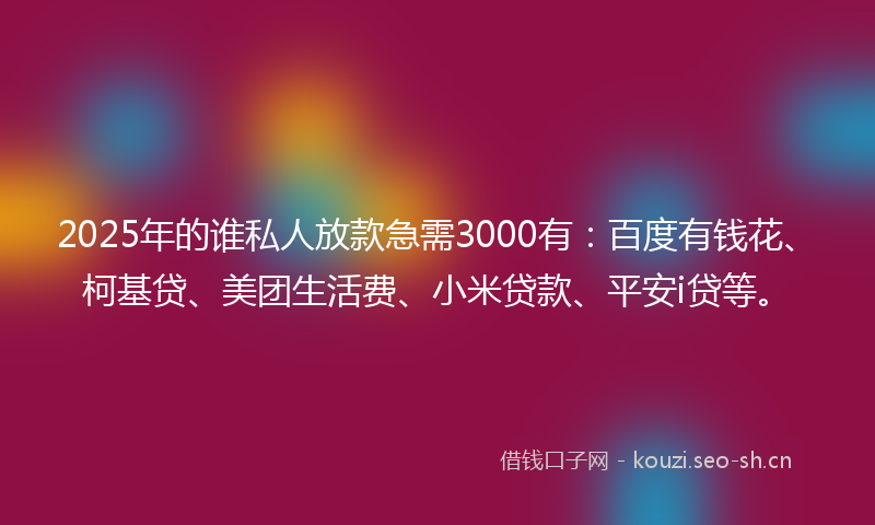 2025年的谁私人放款急需3000有：百度有钱花、柯基贷、美团生活费、小米贷款、平安i贷等。