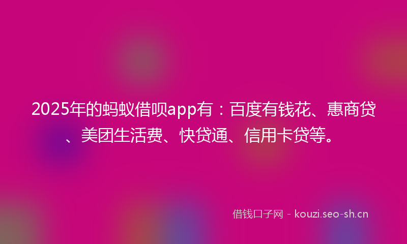 2025年的蚂蚁借呗app有：百度有钱花、惠商贷、美团生活费、快贷通、信用卡贷等。