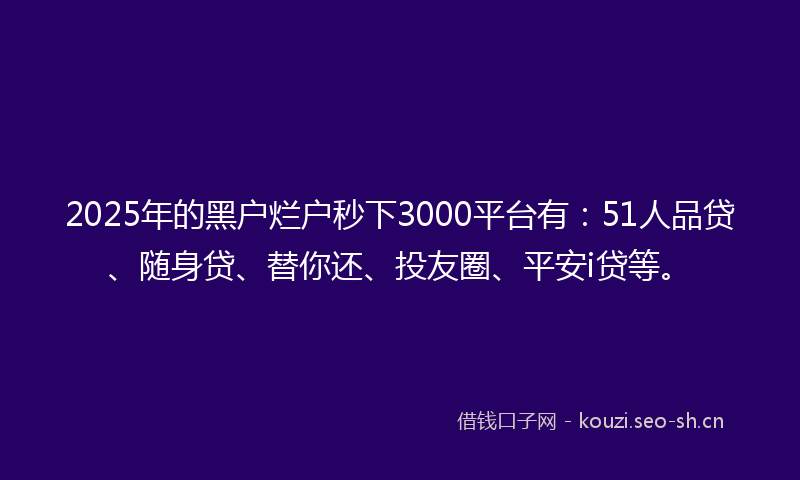 2025年的黑户烂户秒下3000平台有：51人品贷、随身贷、替你还、投友圈、平安i贷等。