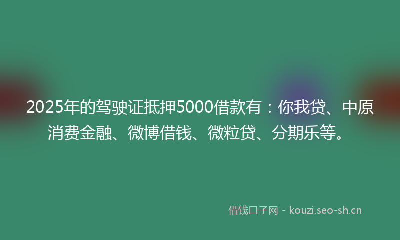 2025年的驾驶证抵押5000借款有：你我贷、中原消费金融、微博借钱、微粒贷、分期乐等。