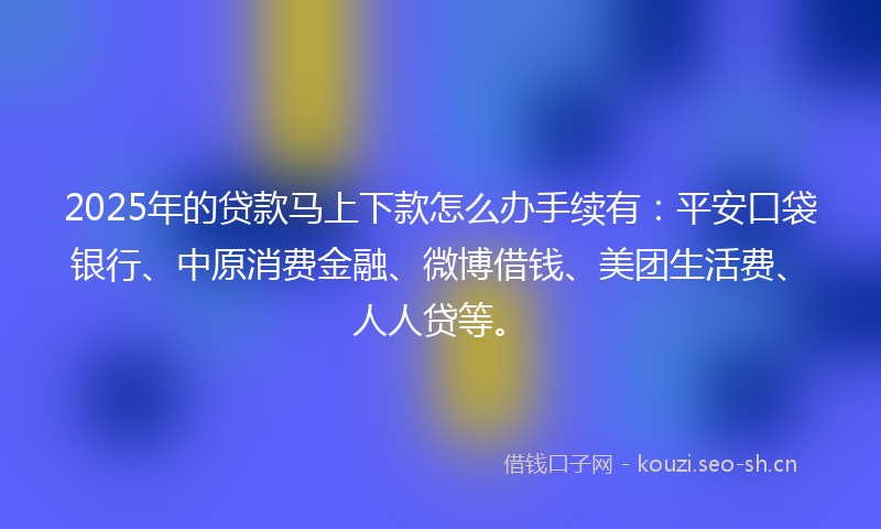 2025年的贷款马上下款怎么办手续有：平安口袋银行、中原消费金融、微博借钱、美团生活费、人人贷等。