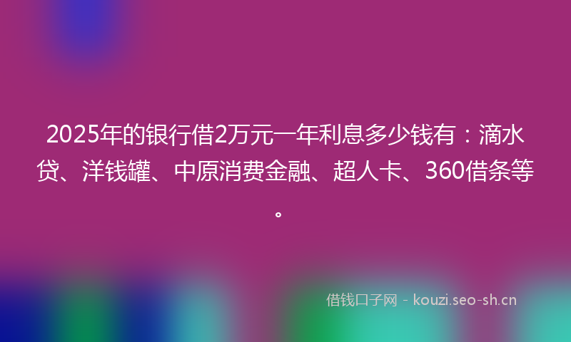 2025年的银行借2万元一年利息多少钱有：滴水贷、洋钱罐、中原消费金融、超人卡、360借条等。